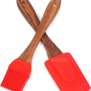 MADE2U PREMIUM SILICONE WOODEN HANDLE BRUSH & SPATULA - PERFECT FOR GRILLING , OILING , ETC,
