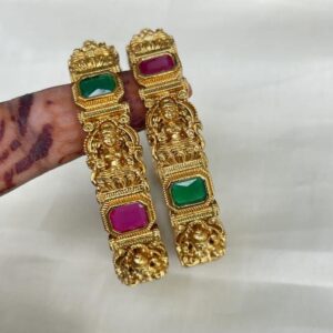 LAKSHMI STATUE ANTIQUE BANGLES SET OF 2  WITH RUBY AND EMERALD COLOUR STONE
